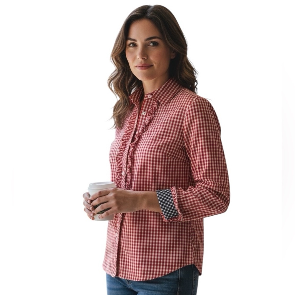 LILLY PULITZER GINGHAM CHECKERED RED WHITE BLUE PRINT RUFFLED LONG SLEEVE TOP 6